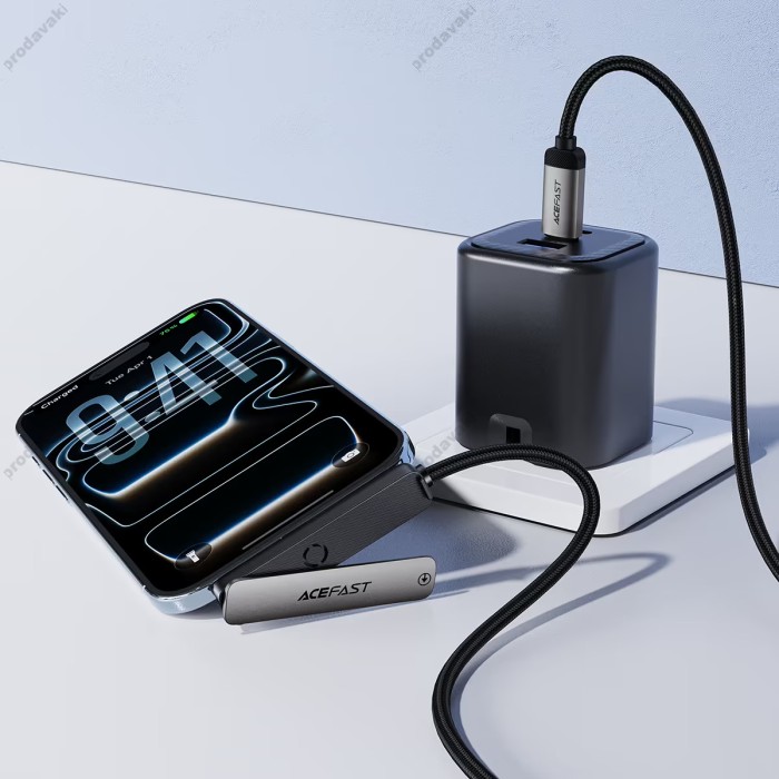 Кабель ACEFAST C28-03 charging data cable with phone holder data cable Type-C to Type-C 60W 3A 1.2m Metal-grey